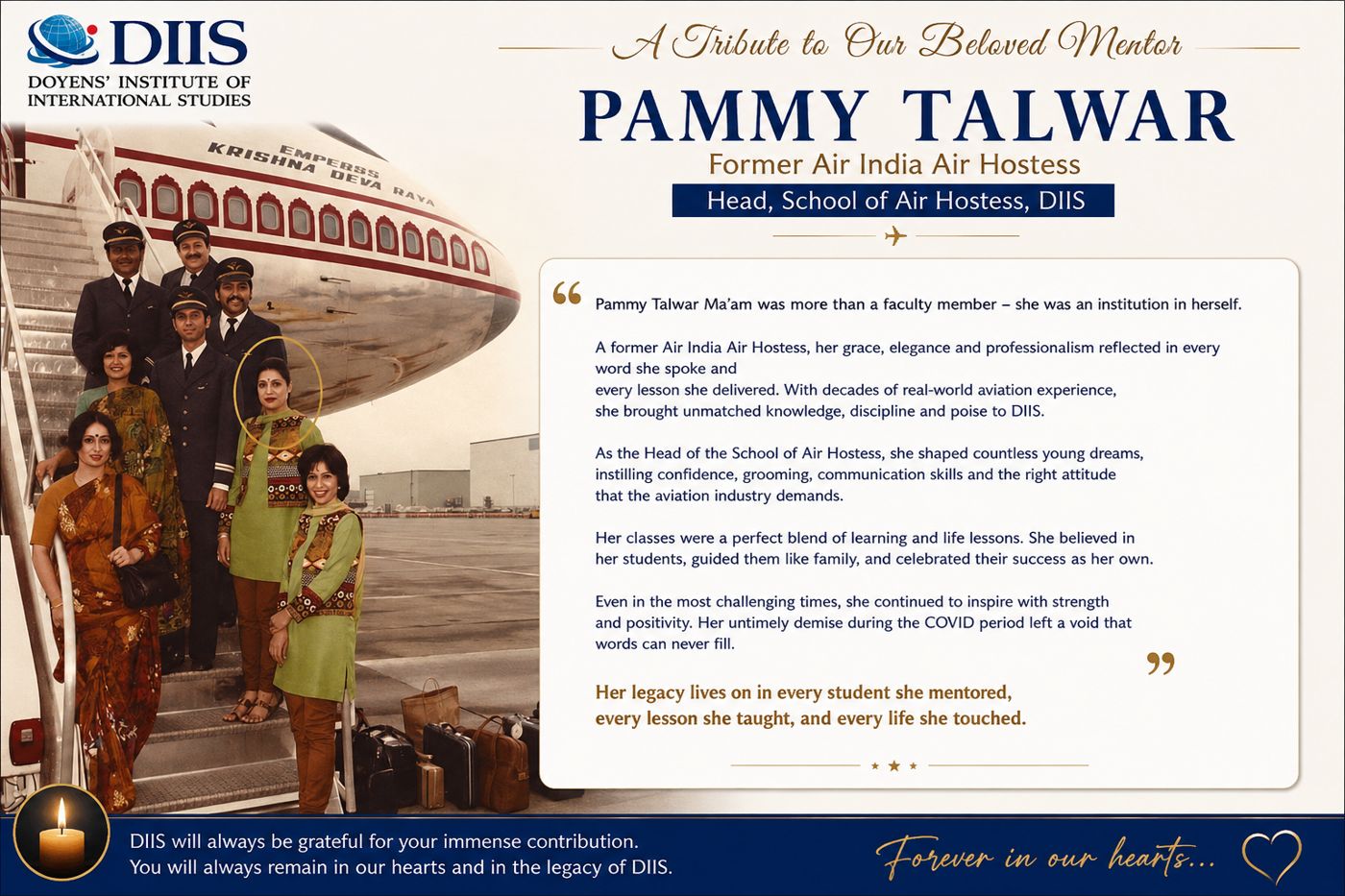 Tribute to Pammy Talwar, former Head of the School of Air Hostess at DIIS